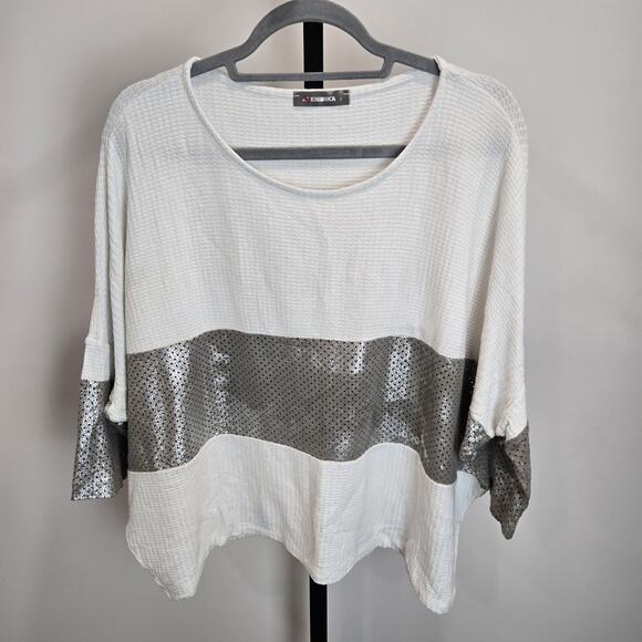 Alembika Knit White Top Shirt Silver Sueded Perforated Detail Lagenlook US 10-12 - Picture 1 of 7